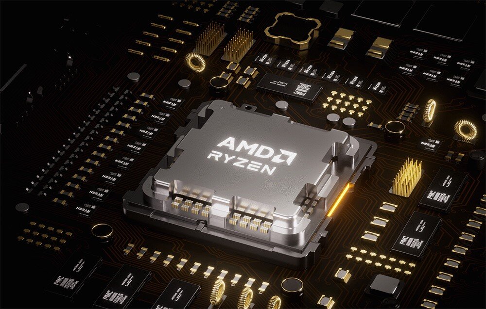 Komputer MINISFORUM MS-A1 Zbliżenie na procesor AMD Ryzen zamontowany na płycie głównej z widocznymi ścieżkami i komponentami.