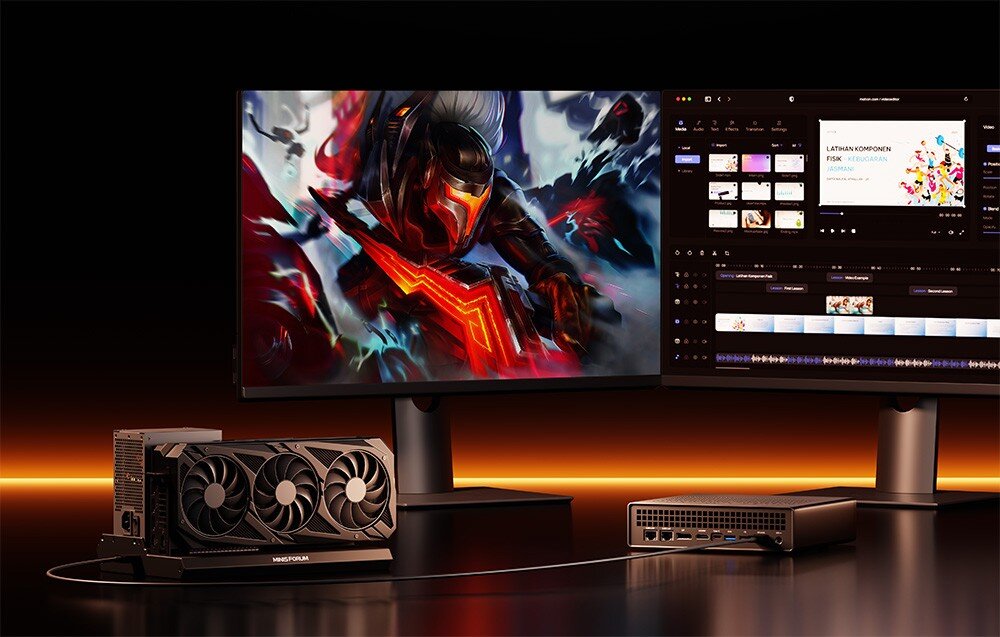 Komputer MINISFORUM MS-A1 Mini PC podłączony do zewnętrznej karty graficznej oraz dwóch monitorów z grami i edycją wideo.