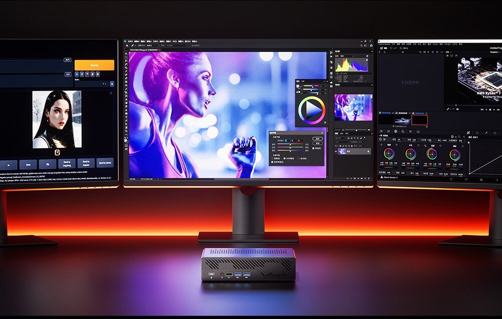 Komputer MINISFORUM MS-A1 Wnętrze komputera z podświetlonymi na pomarańczowo modułami pamięci RAM DDR5 i radiatorem.