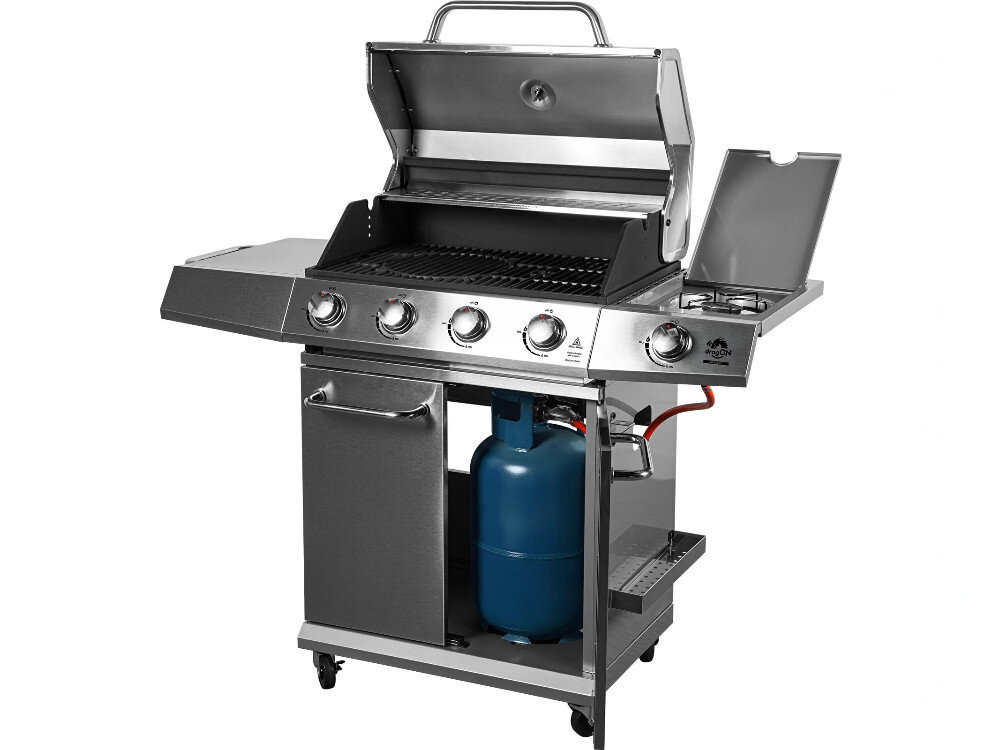 Grill gazowy BROWIN dragON BBQ G201 331201 18.8 kW 67,5 x 43,5 cm, termometr, pokrywa, temperatura, regulacja, grill gazowy ze stali nierdzewnej w industrialnym wnętrzu.