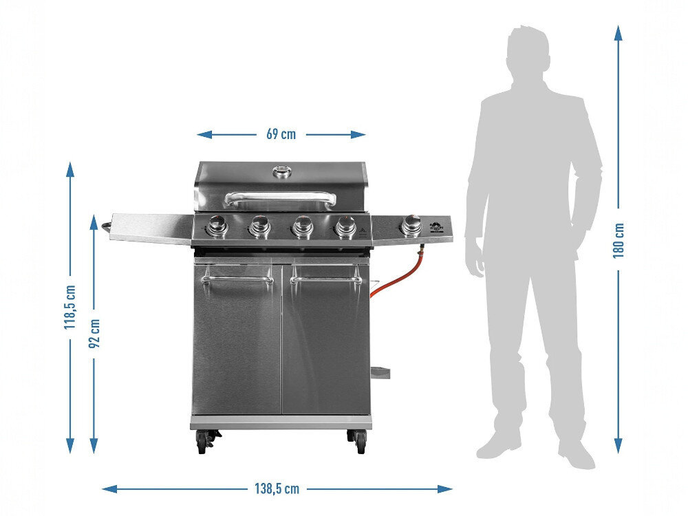 Grill gazowy BROWIN dragON BBQ G201 331201 18.8 kW 67,5 x 43,5 cm, kółka, półki, akcesoria, mobilność, Wymiary grilla gazowego i porównanie wielkości z sylwetką człowieka.