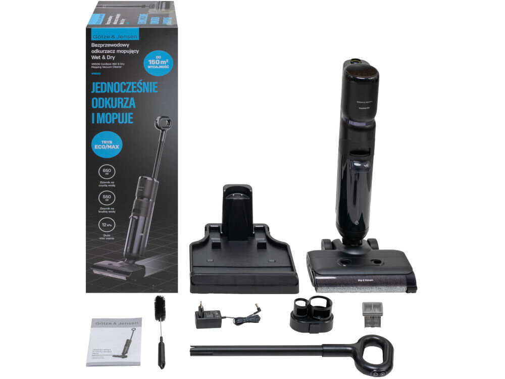 Odkurzacz mopujący GÖTZE & JENSEN VM500 Bezprzewodowy odkurzacz mopujący Götze & Jensen VM500 Wet & Dry – zawartość zestawu z urządzeniem, stacją dokującą, akcesoriami do czyszczenia i opakowaniem.