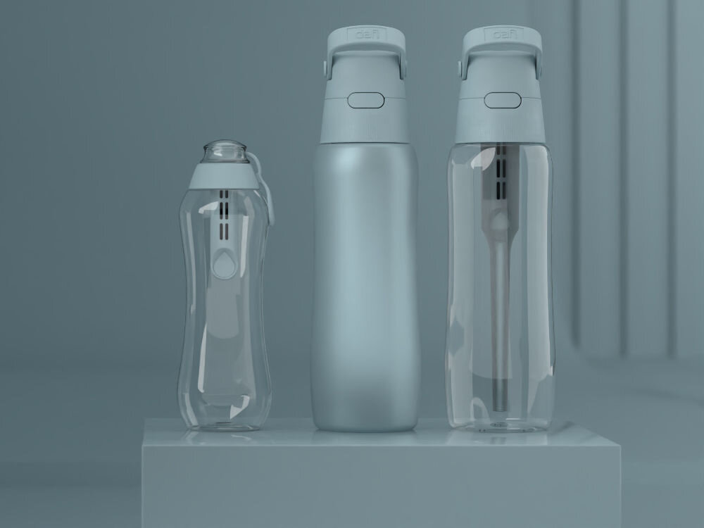 Butelka filtrująca DAFI Doda Solid Steel Cold 700 ml Dove Blue trzy wersje butelki na pasującym kolorystycznie tle
