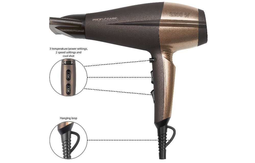 Suszarka do włosów w kolorze brązowym z czarnymi elementami, z widocznym logo \'PROFI CARE\' i oznaczeniem \'2200 W\'. Posiada przyciski do regulacji temperatury i prędkości oraz pętlę do zawieszenia.