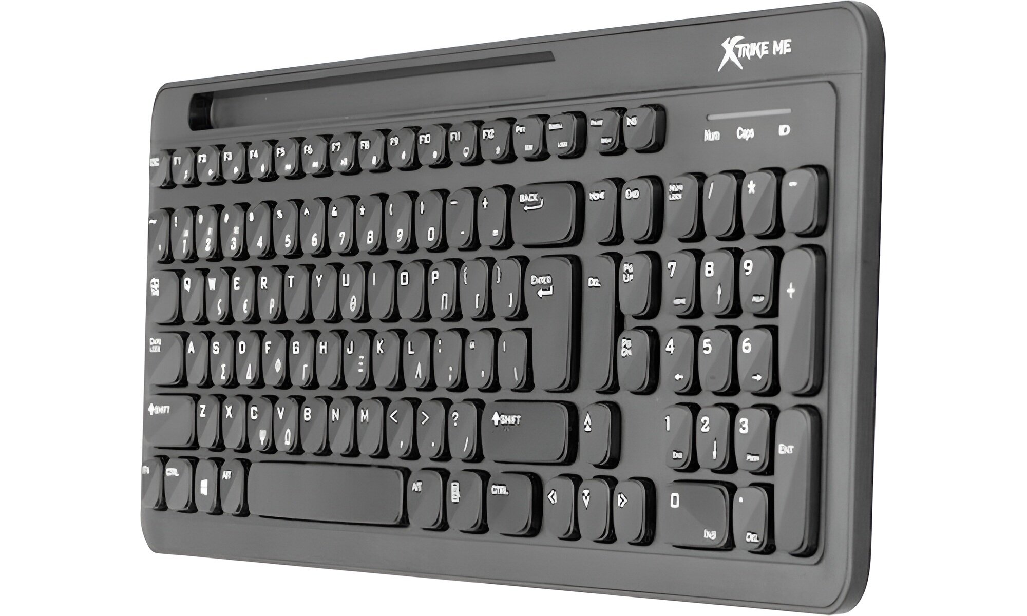 Klawiatura XTRIKE ME KB-303 EN - czarna klawiatura na bialym tle, zasilanie, zywotnosc, przelaczniki, kolor