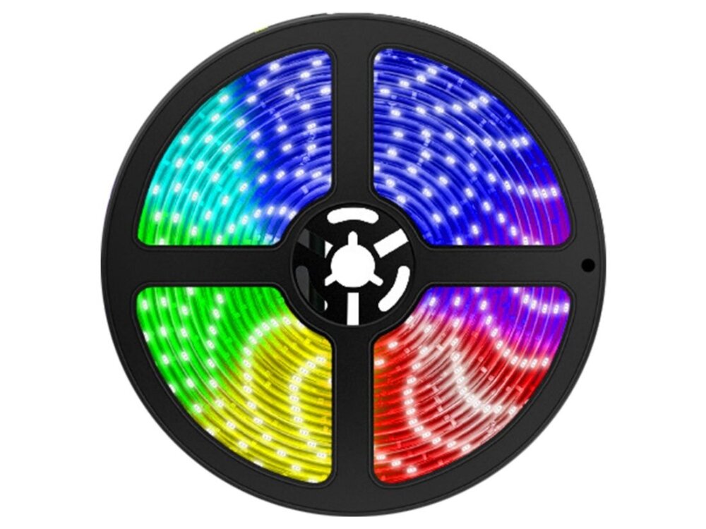 Obraz przedstawia zwiniętą taśmę LED RGB na czarnej szpuli. Taśma świeci w kolorach niebieskim, zielonym, żółtym i czerwonym.