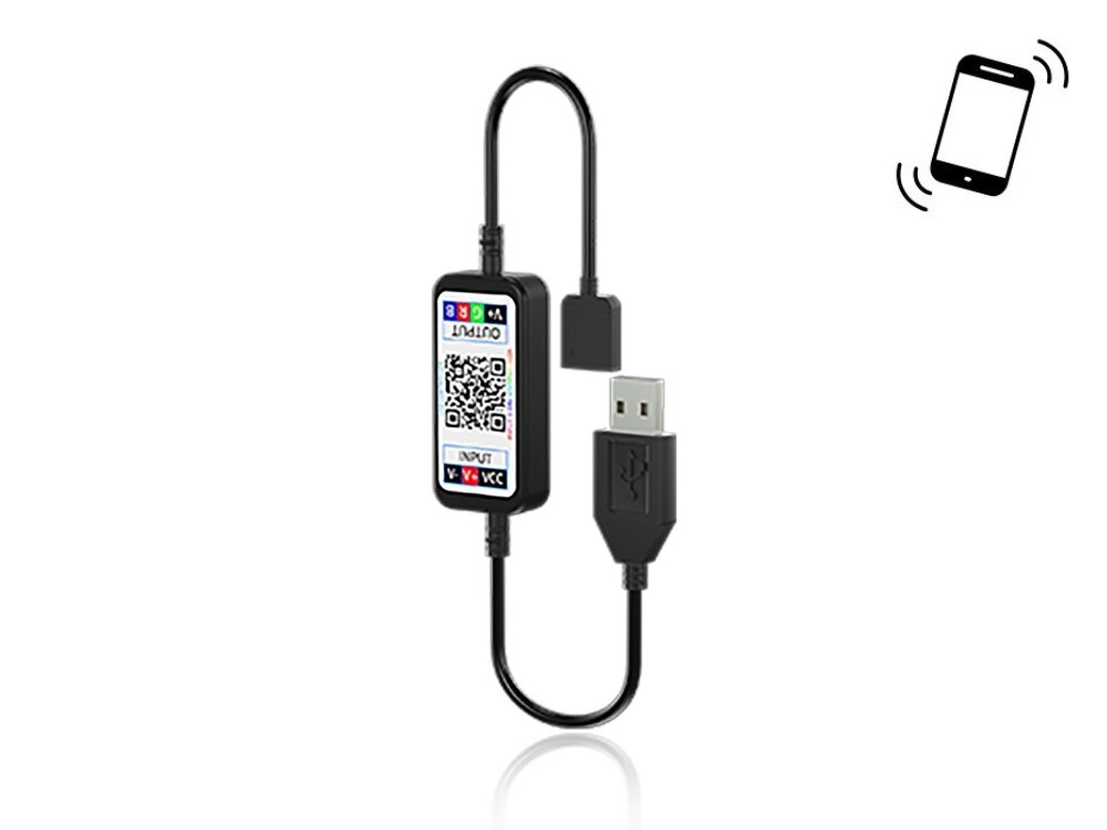 Na obrazie widoczny jest czarny kabel USB z kontrolerem, na którym znajduje się kod QR oraz napisy: \'OUTPUT\', \'INPUT\', \'V+ V- VCC\'. Obok kabla znajduje się ikona telefonu z falami sygnału.