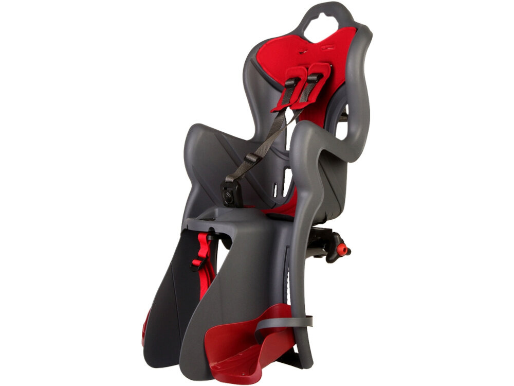 Fotelik rowerowy BELLELLI B-One Clamp Czarny fotelik na białym tle widoczny pod skosem do przewozu dzieci od 9. miesiąca życia do osiągnięcia wagi do 22 kg montaż na bagażniku stabilność i komfort bezpieczeństwo wygoda