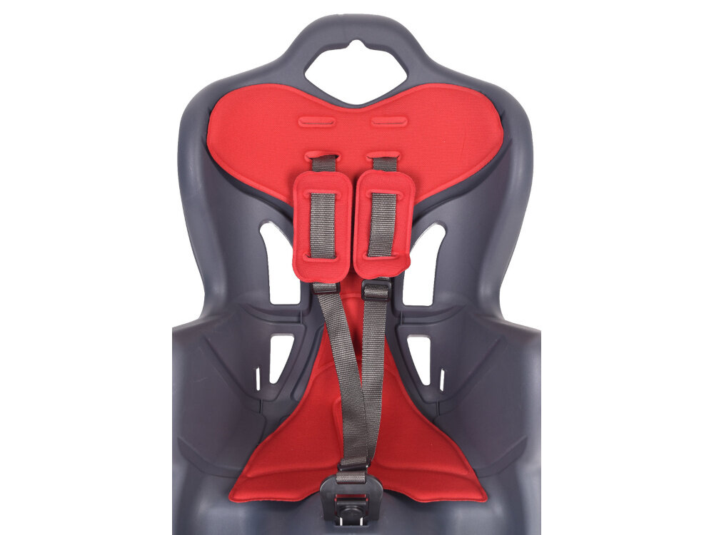 Fotelik rowerowy BELLELLI B-One Clamp Czarny zbliżenie na pasy bezpieczeństwa trzypunktowe pasy bezpieczeństwa prawidłowa pozycja regulacja długości regulacja wysokości punktów kotwiczenia fotelik rośnie razem z maluchem