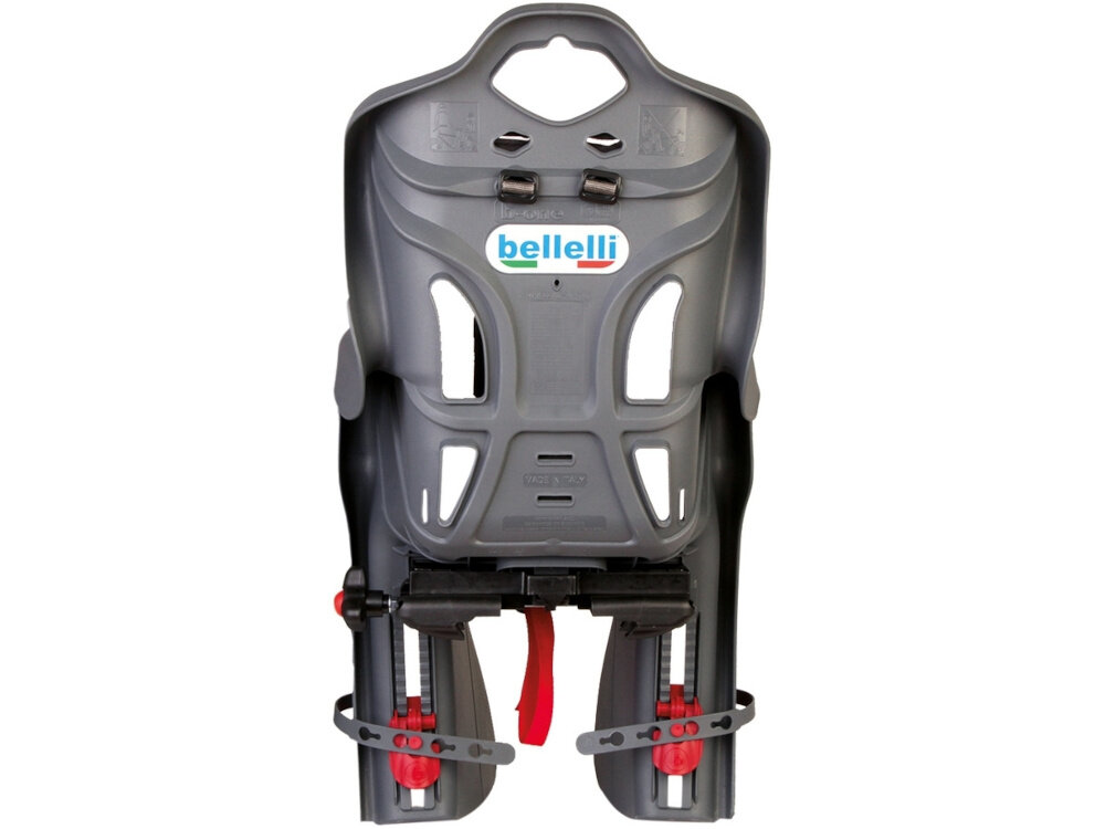 Fotelik rowerowy BELLELLI B-One Clamp Czarny fotelik na białym tle widoczny od tyłu oparcie z wbudowanymi kanałami wentylacyjnymi odpowiednia cyrkulacja powietrza miękka przypinana na rzepy tapicerka