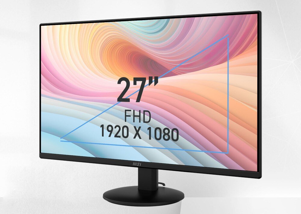 Monitor MSI Pro MP272L Monitor z wyświetloną grafiką przedstawiającą pastelowe fale i tekst '27 FHD 1920 X 1080', przekątna, rozdzielczość, matryca, HDR, kolory