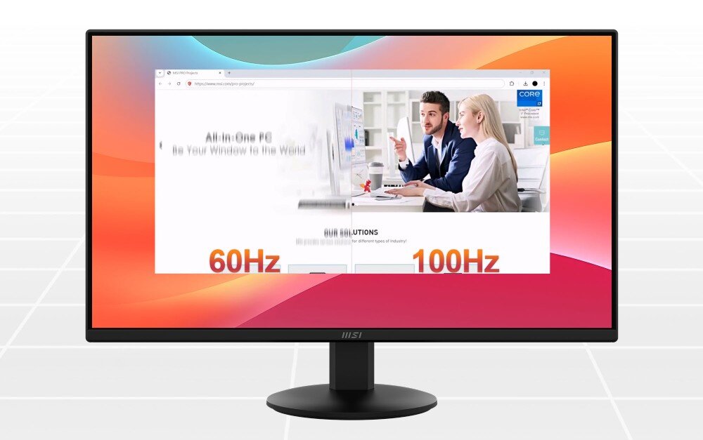 Monitor MSI Pro MP272L Monitor pokazujący porównanie częstotliwości odświeżania 60 Hz i 100 Hz z podziałem obrazu na dwie części, odświeżanie, płynność, synchronizacja Adaptive-Sync