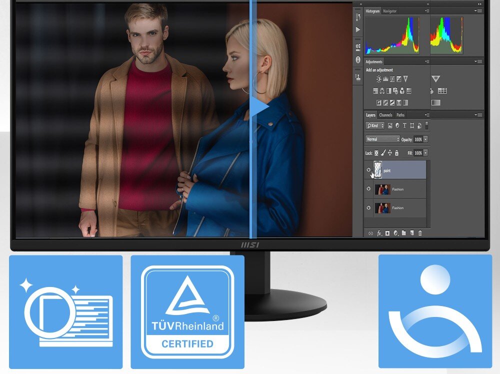 Monitor MSI Pro MP272L Monitor z podzielonym ekranem, po lewej stronie zdjęcie dwojga ludzi, po prawej interfejs programu graficznego; poniżej trzy ikony certyfikatów i funkcji, ochrona wzroku, migotanie, niebieskie światło, oprogramowanie Eye-Q Check