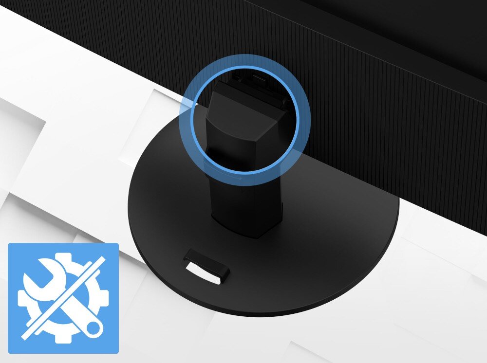 Monitor MSI Pro MP272L Zbliżenie podstawy monitora z zaznaczonym punktem montażowym, obok ikona przekreślonego klucza i trybika, podstawa, regulacja nachylenia, montaż bez narzędzi, gniazdo Kensington Lock