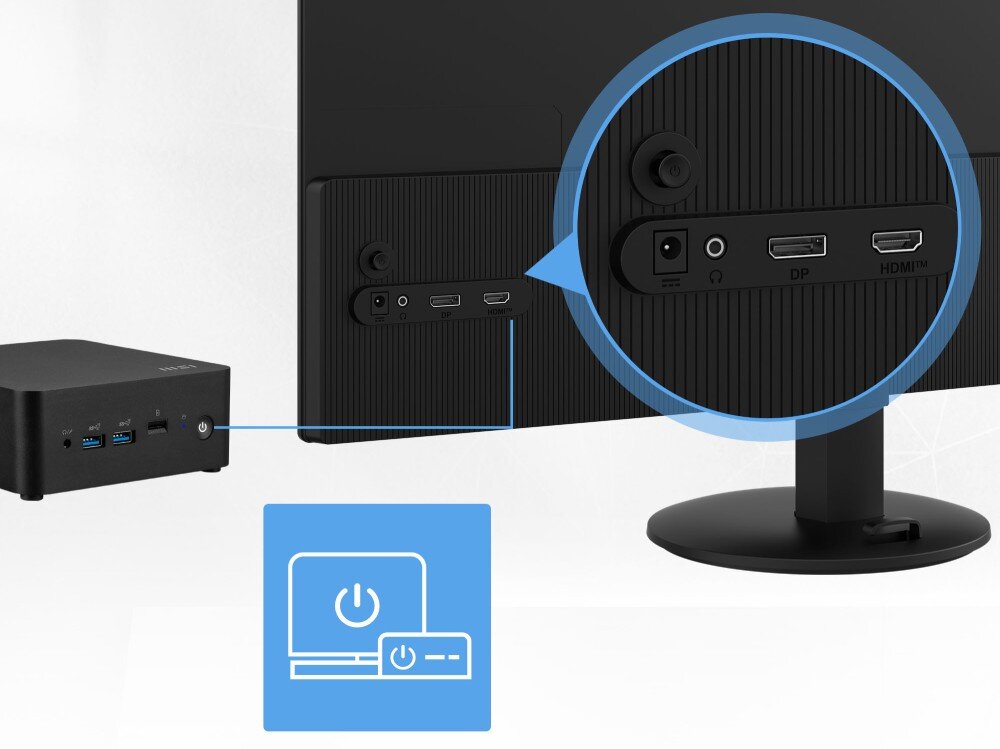 Monitor MSI Pro MP272L Monitor podłączony do mini komputera, z powiększeniem pokazującym porty: zasilania, słuchawkowy, DisplayPort i HDMI, funkcja MSI Power Link