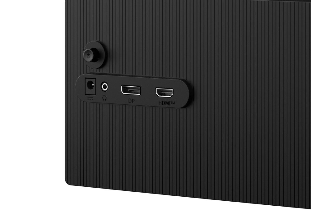 Monitor MSI Pro MP272L Zbliżenie tylnego panelu monitora z widocznymi portami: zasilania, słuchawkowym, DisplayPort i HDMI, porty, gniazda, podłączenie