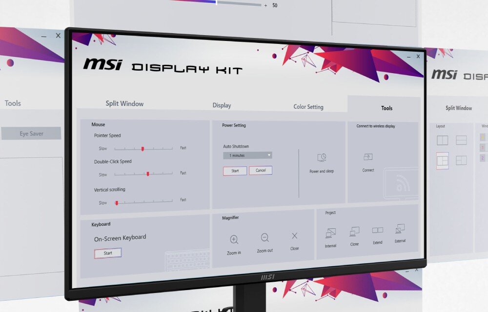 Monitor MSI Pro MP272L Monitor z uruchomioną aplikacją 'MSI Display Kit' pokazującą ustawienia podziału okien, wyświetlania i narzędzi, aplikacja, ustawienia, profile, podział okna