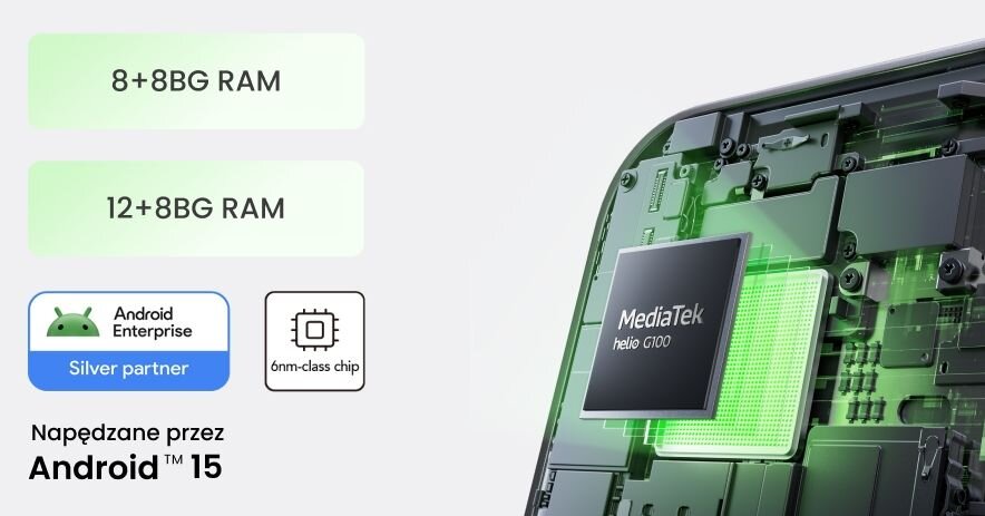 Obraz przedstawia fragment wnętrza urządzenia z widocznym chipem MediaTek helio G100. Obok znajdują się informacje: \'8+8BG RAM\', \'12+8BG RAM\', \'Android Enterprise Silver partner\', \'6nm-class chip\', oraz \'Napędzane przez Android 15\'.