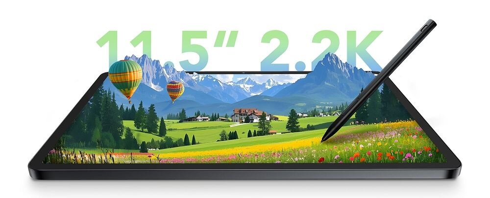 Tablet z wyświetlaczem prezentującym krajobraz z górami, balonami i łąką, obok którego znajduje się rysik. Na ekranie widoczny jest tekst \'11.5\