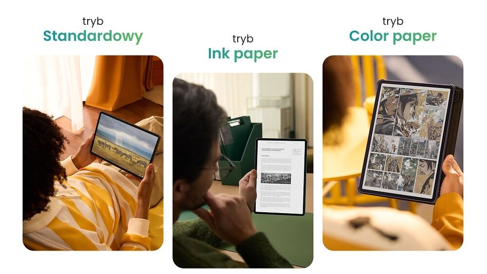 Obraz przedstawia trzy osoby korzystające z tabletu w różnych trybach: Standardowy, Ink paper i Color paper. Każda osoba trzyma tablet, na którym wyświetlane są różne treści, takie jak krajobraz, dokument tekstowy i komiks.