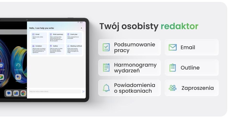 Obraz przedstawia tablet z otwartym interfejsem aplikacji do pisania oraz tekstem \'Hello, I can help you write:\'. Obok tabletu znajduje się lista funkcji: \'Podsumowanie pracy\', \'Harmonogramy wydarzeń\', \'Powiadomienia o spotkaniach\', \'Email\', \'Outline\', \'Zaproszenia\'.