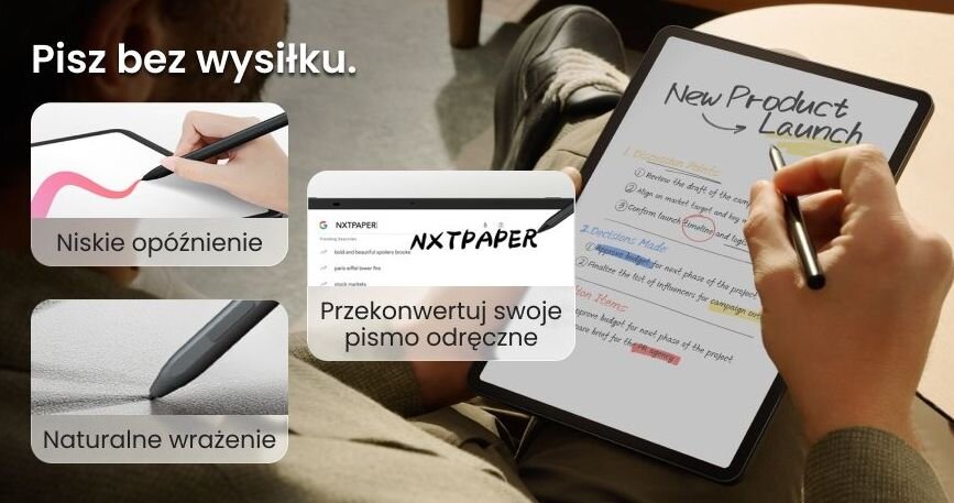Osoba trzyma tablet z rysikiem, na ekranie widoczny jest tekst \'New Product Launch\'. Obok znajdują się trzy grafiki z napisami: \'Niskie opóźnienie\', \'Przekonwertuj swoje pismo odręczne\', \'Naturalne wrażenie\'.