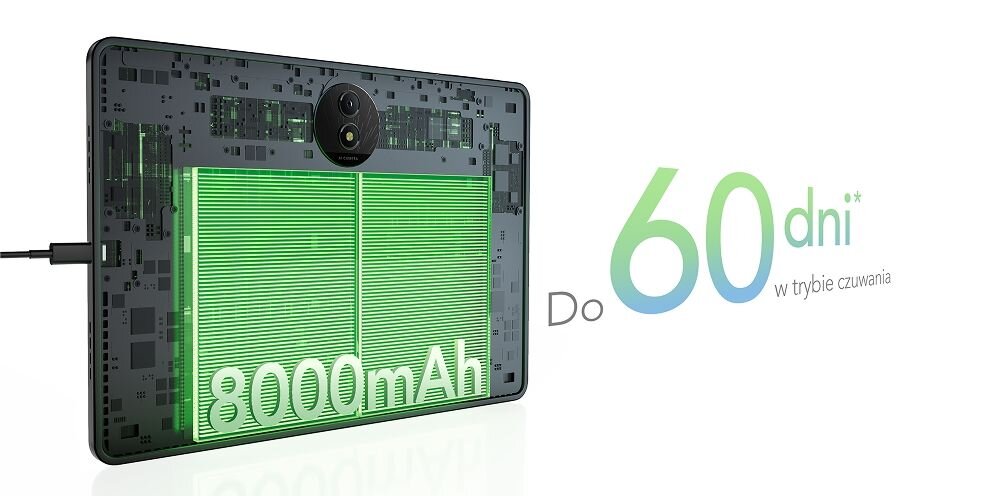 Obraz przedstawia wnętrze tabletu z widoczną dużą baterią oznaczoną napisem \'8000mAh\'. Obok znajduje się tekst \'Do 60 dni* w trybie czuwania\'.