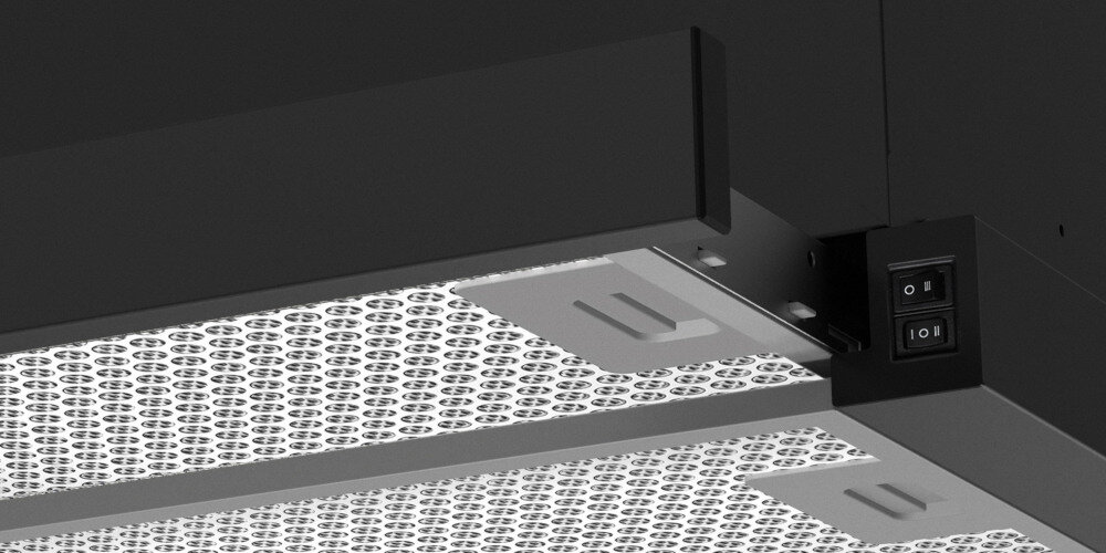 OKAP BEKO HNT61520BH wizualizacja widok od dołu zbliżenie filtr przyciski Sterowanie mechaniczne łatwe szybkie zmiana trybu 3 prędkości oświetlenie