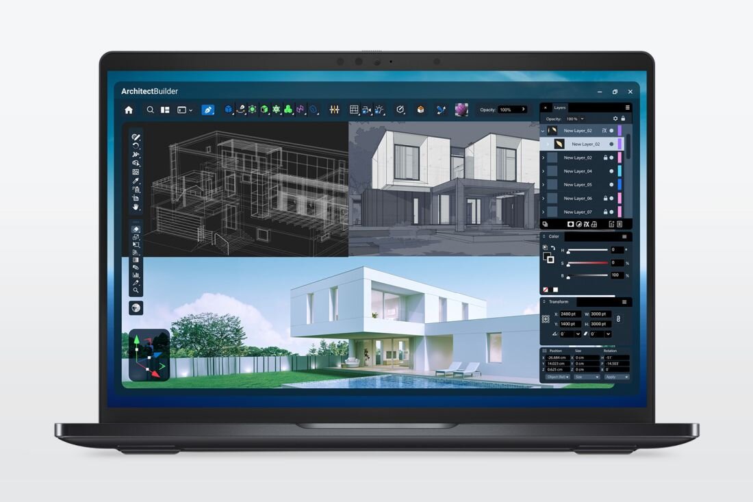 Laptop Dell Pro Premium wyświetla projekt architektoniczny 3D i interfejs ArchitectBuilder podczas pracy biurowej i projektowania.