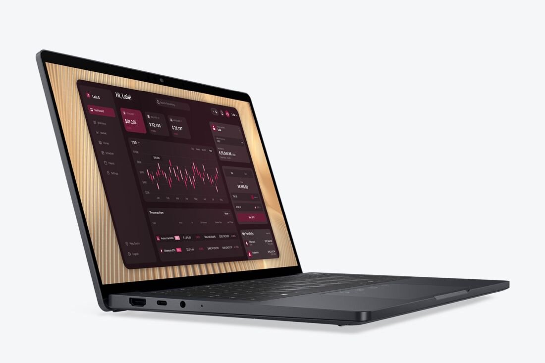 Laptop Dell Pro Premium wyświetla panel aplikacji MyDell z wykresami i statystykami podczas analizy danych w pracy biurowej.