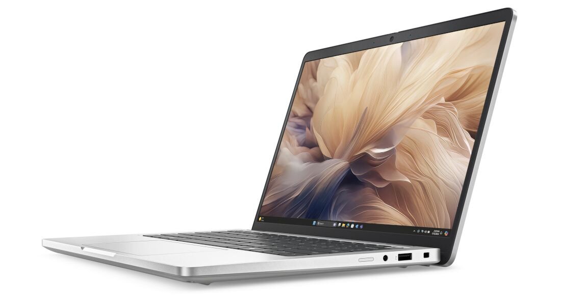 DELL Pro laptop z widokiem z boku na srebrną obudowę i porty łączności, prezentujący smukły profil i zaawansowane możliwości Wi-Fi dla profesjonalistów - Karta Wi-Fi 7 Bluetooth 5.4