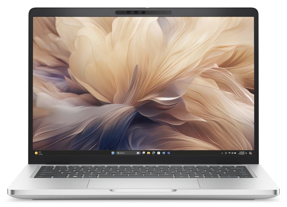 DELL Pro laptop ze srebrną obudową aluminiową wyświetlający elegancki abstrakcyjny wzór w kolorach beżu i fioletu, demonstrując technologię ExpressCharge dla szybkiego ładowania baterii do 80% w godzinę - bateria ExpressCharge