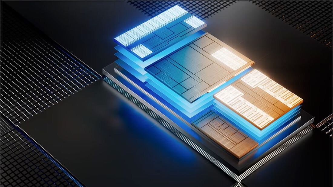 Wizualizacja technologii NPU (Neural Processing Unit) w formie wielowarstwowej struktury procesorów z niebieskim i pomarańczowym podświetleniem, ilustrująca zaawansowane możliwości AI - specjalny chip NPU
