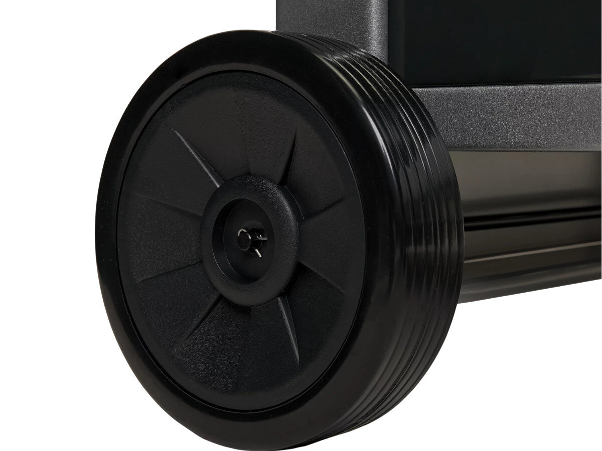 Wózek do grilla CAMPINGAZ Plancha Deluxe 2213920, koła, uchwyt, transport, manewry, Widok z tyłu na szary aluminiowy wózek kuchenny z czarnymi drzwiami i kołami, pokazujący smukłą konstrukcję ramy.