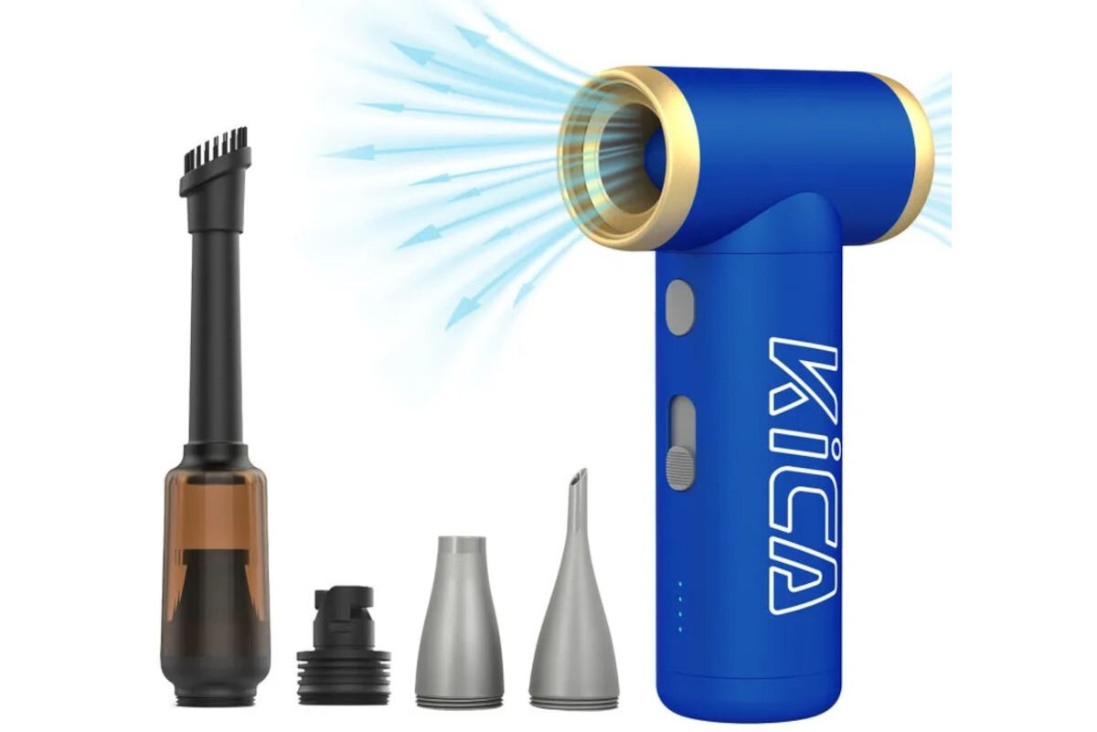 Dmuchawa wielofunkcyjna KiCA Jetfan 2S Kit Niebieski, pompowanie, materace, okrągłe, stożkowa, końcówki, na białym tle dmuchawa wraz z końcówkami w zestawie