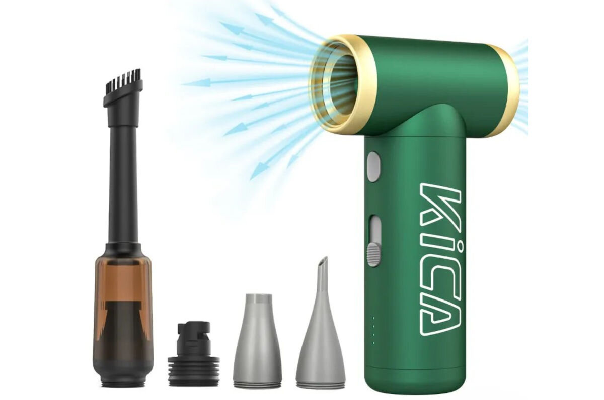 Dmuchawa wielofunkcyjna KiCA Jetfan 2S Kit Zielony, pompowanie, materace, okrągłe, stożkowa, końcówki, na białym tle dmuchawa wraz z końcówkami w zestawie