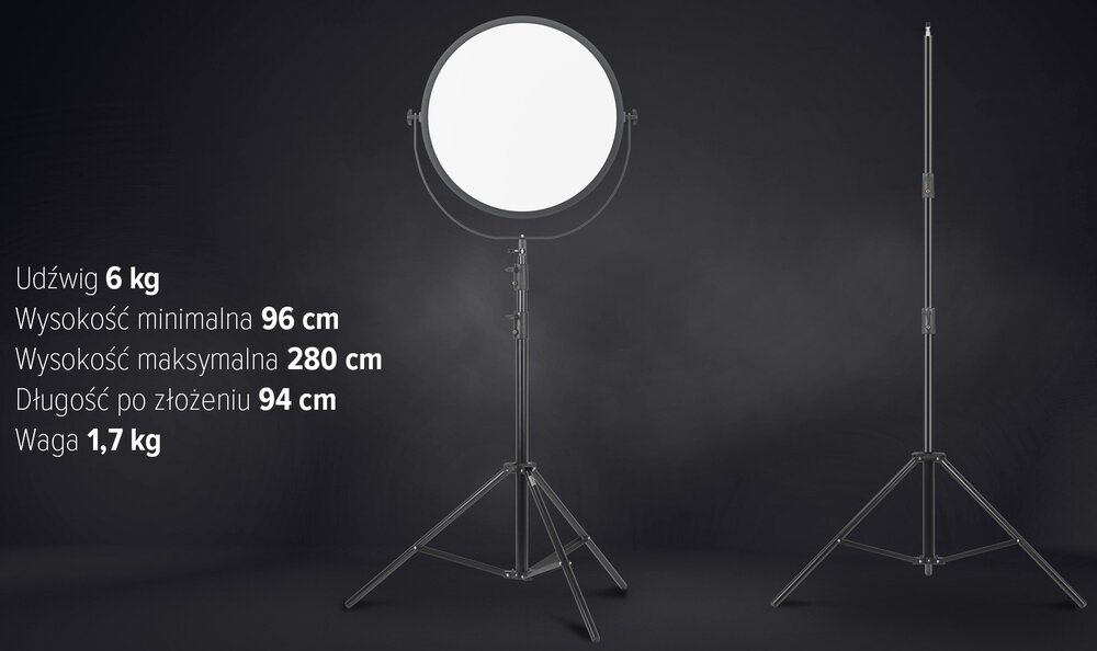 Statyw oświetleniowy z lampą Air Artha XL na czarnym tle. Po jego prawej stronie sam statyw, po lewej parametry statywu.
