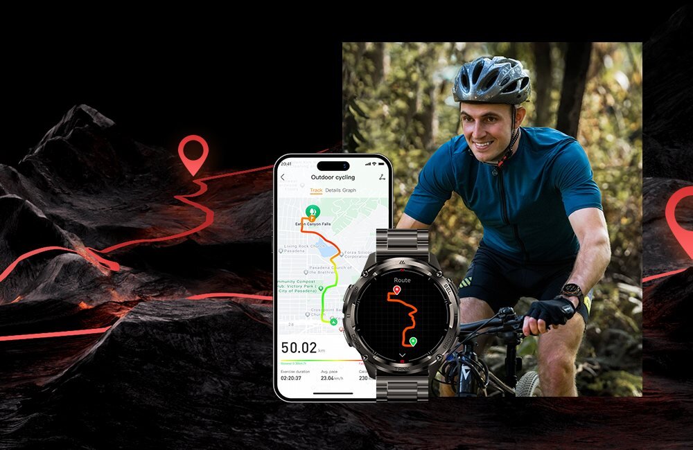 Smartwatch KOSPET Tank T3 Ultra 2 Special Edition rowerzysta i mapy na ekranie