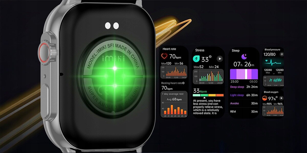 Smartwatch IMIKI Frame Pro tętno, poziom tlenu we krwi, jakość snu, stres i nastrój