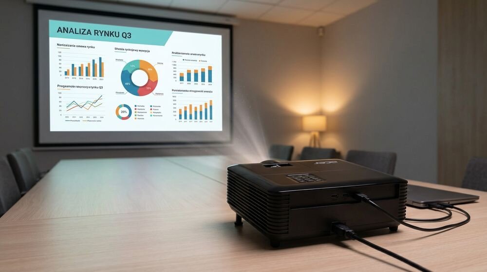 Na stole w sali konferencyjnej znajduje się projektor wyświetlający slajd z analizą rynku Q3, zawierający wykresy i diagramy. W tle widać ekran projekcyjny oraz lampę stojącą przy ścianie.