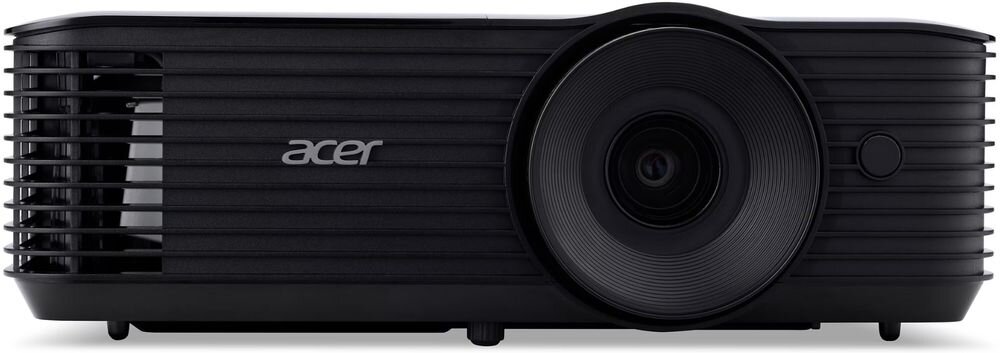 Czarny projektor z widocznym obiektywem i logo \'acer\' na obudowie.