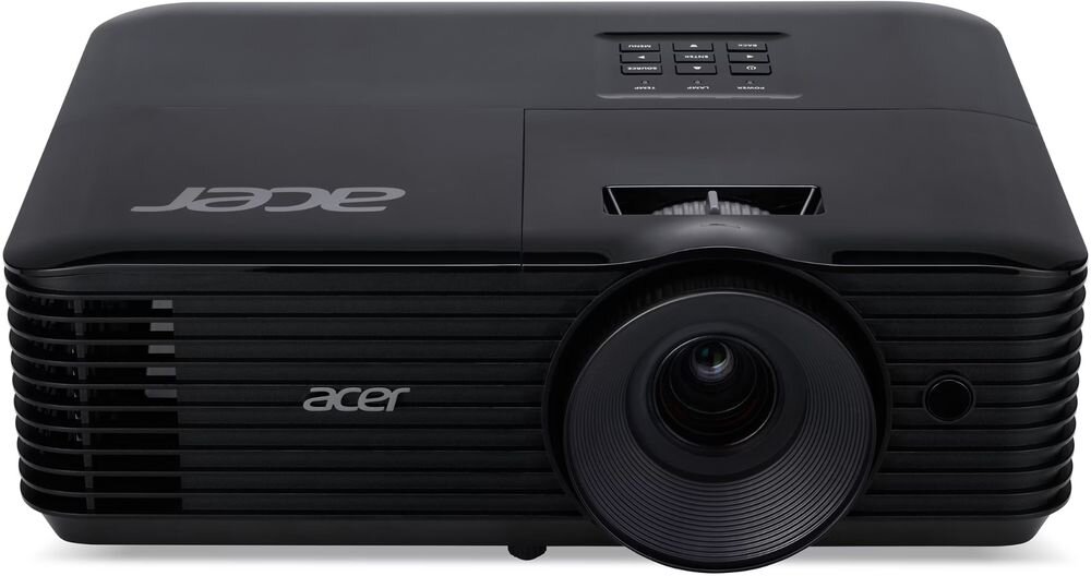 Czarny projektor z widocznym obiektywem i przyciskami na górnej powierzchni. Na obudowie znajduje się logo \'acer\'.