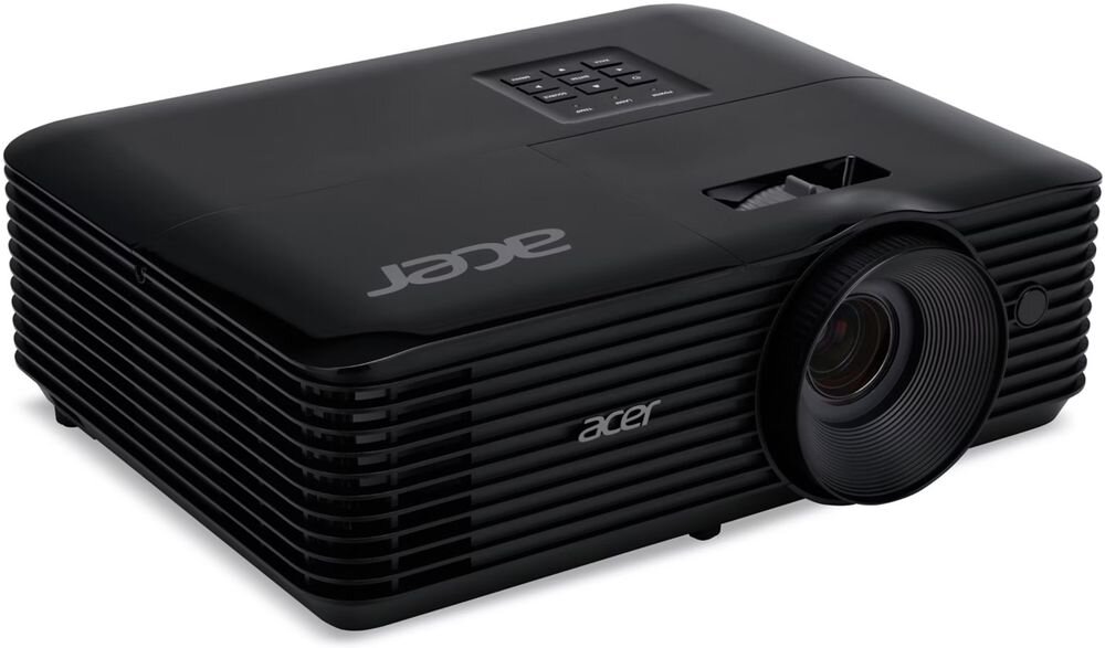 Czarny projektor z widocznym obiektywem i panelem sterowania na górze. Na obudowie znajduje się logo \'acer\'.