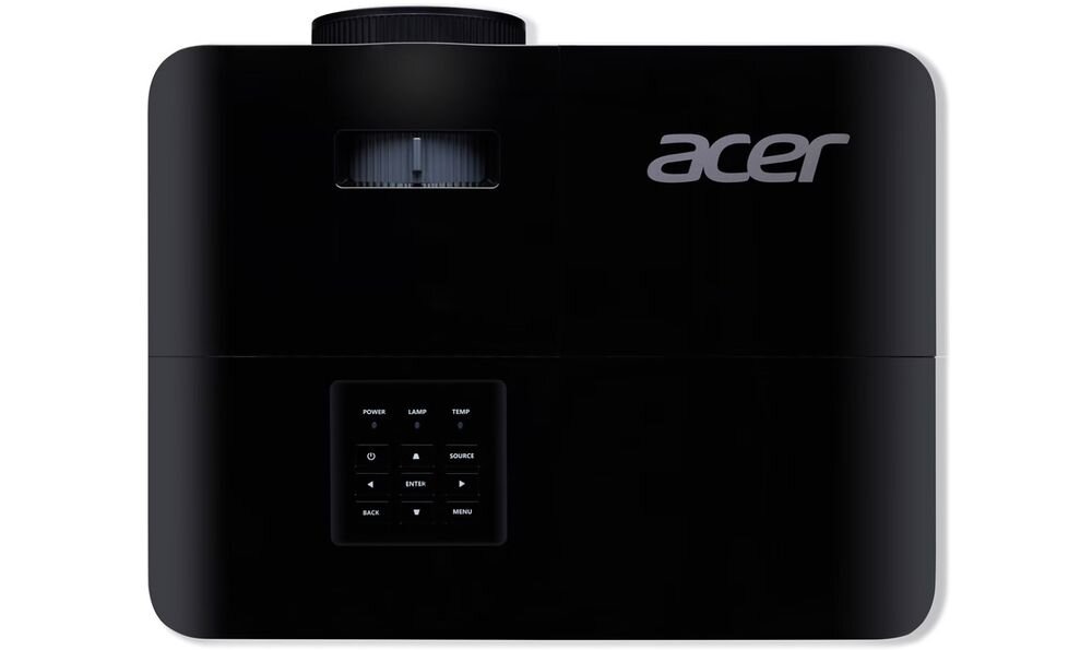 Czarny projektor z widocznym logo \'acer\' oraz panelem sterowania z przyciskami i wskaźnikami: POWER, LAMP, TEMP, SOURCE, ENTER, MENU, BACK.
