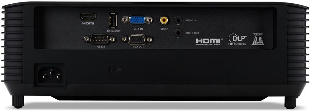 Tył projektora z widocznymi portami: HDMI, DC 5V OUT, VGA IN, VIDEO, AUDIO IN, RS232, VGA OUT, AUDIO OUT. Na obudowie znajdują się logotypy HDMI, DLP TEXAS INSTRUMENTS oraz 3D READY.