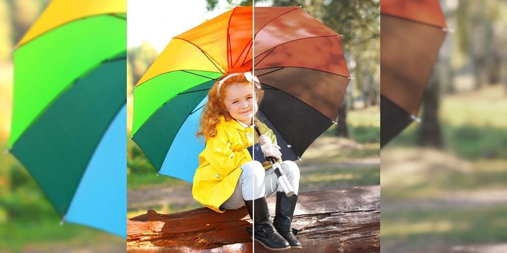 Obraz przedstawia dziecko siedzące na drewnianej ławce, trzymające duży, kolorowy parasol. Po lewej stronie parasol jest w żywych kolorach, a po prawej w bardziej stonowanych odcieniach.