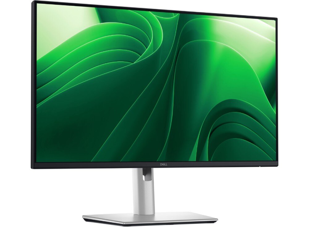 Monitor DELL P2425DE Monitor widziany z przodu pod lekkim kątem, ze smukłymi ramkami i płaską podstawą, wyświetlający falistą grafikę