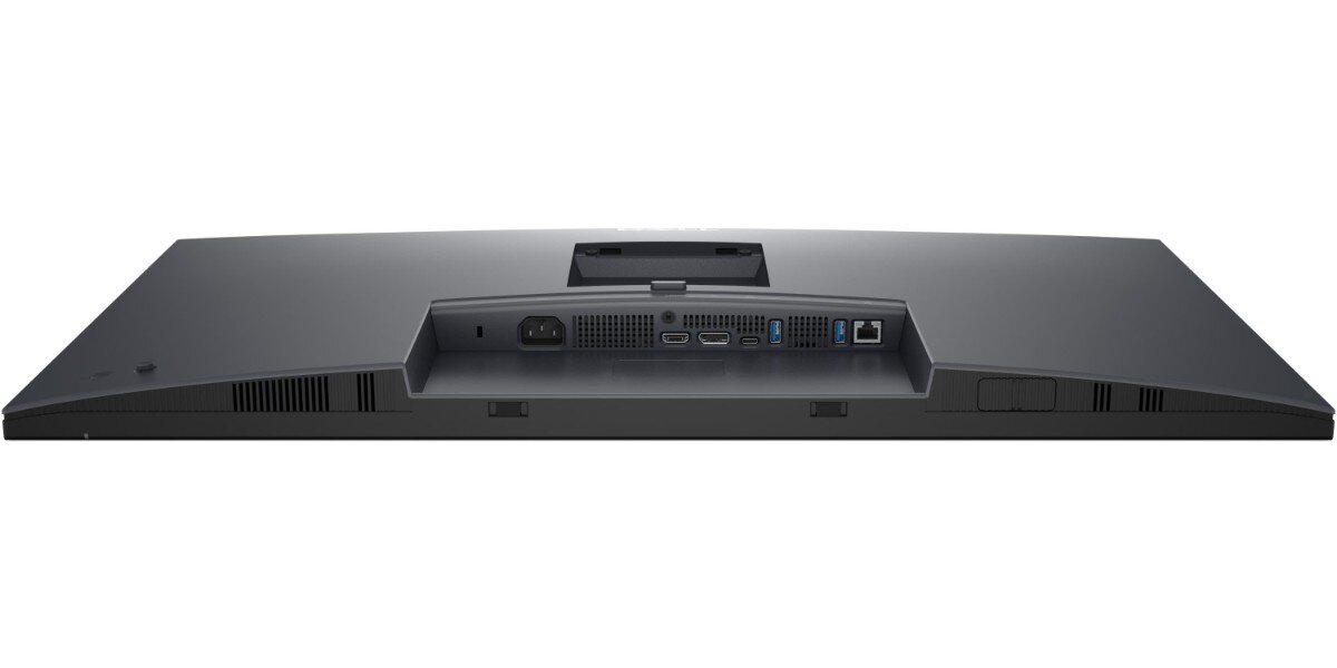 Zdjęcie przedstawia tylną część monitora z widocznymi portami, w tym zasilania, HDMI, USB i Ethernet. Obudowa monitora jest w kolorze ciemnoszarym, a na środku znajduje się uchwyt montażowy.