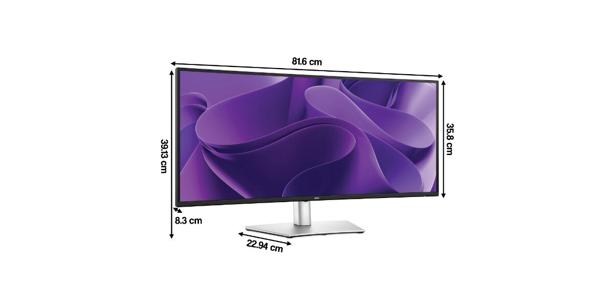 Monitor o zakrzywionym ekranie z fioletową grafiką, z widocznymi wymiarami: szerokość 81,6 cm, wysokość 35,8 cm, głębokość 8,3 cm, wysokość całkowita 39,13 cm, głębokość podstawy 22,94 cm. Na dolnej ramce ekranu znajduje się logo Dell.