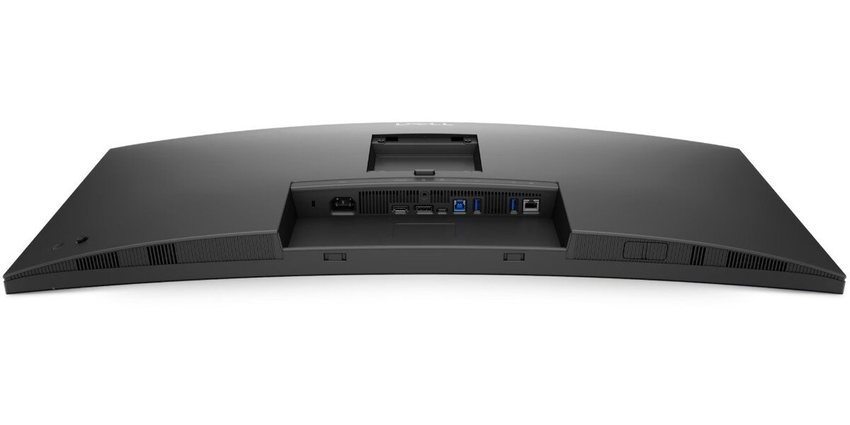 Czarny, zakrzywiony monitor z widocznymi portami z tyłu, w tym HDMI, USB i Ethernet. Na górze znajduje się logo DELL.